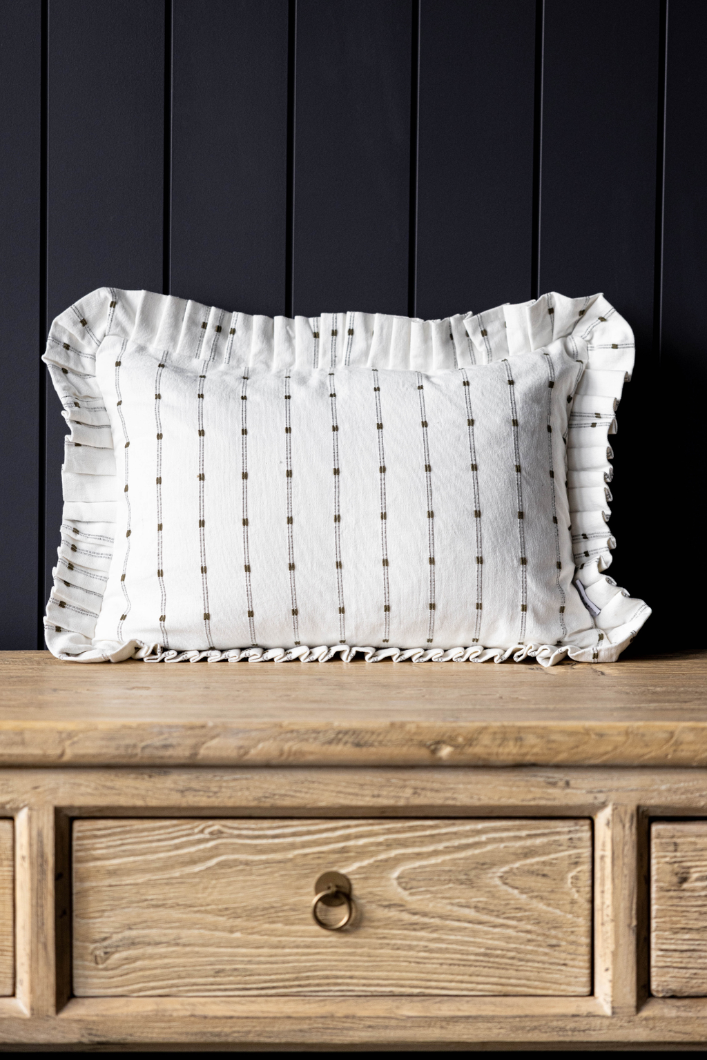 Luxe B Co - Ruffle Lumbar Pillow Cover Embroidery Olive Green Stripes
