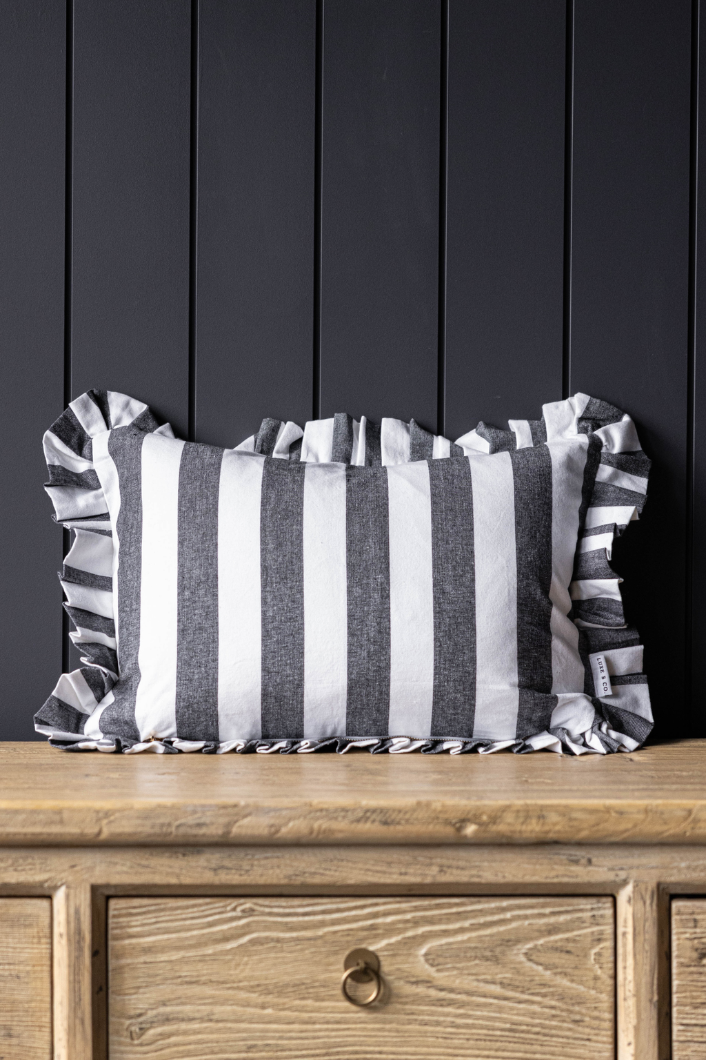 Luxe B Co-Ruffle Lumbar Pillow Cover Charcoal Black Bold Stripe