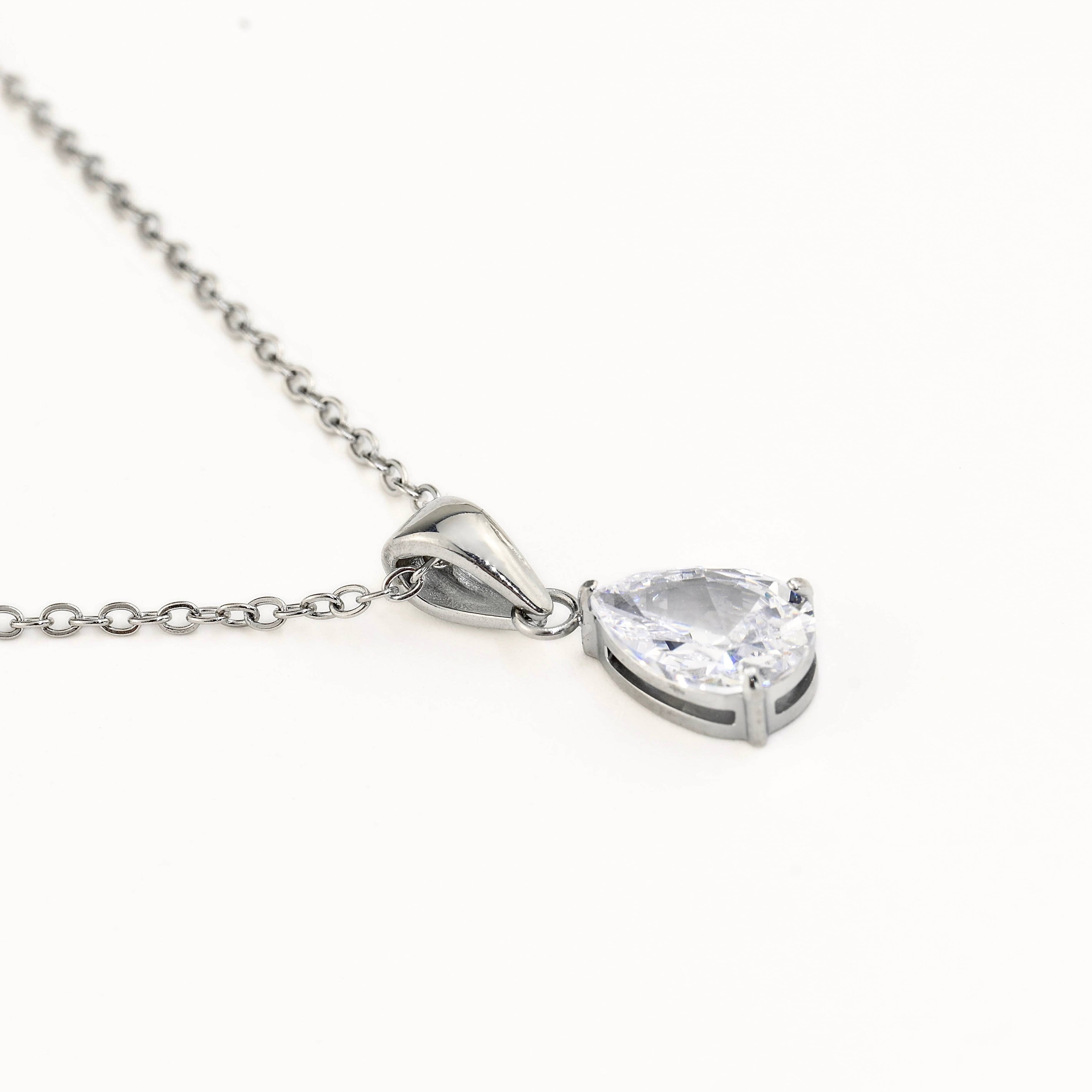 Pear CZ Necklace - Tear Drop Diamond Birthstone Pendant IN SILVER