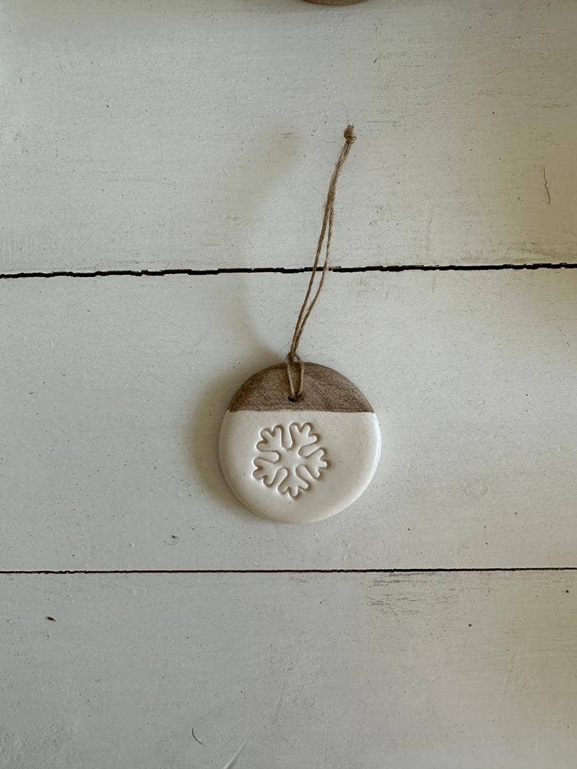 Handmade Ceramic Circle Ornament with Snowflake Carving