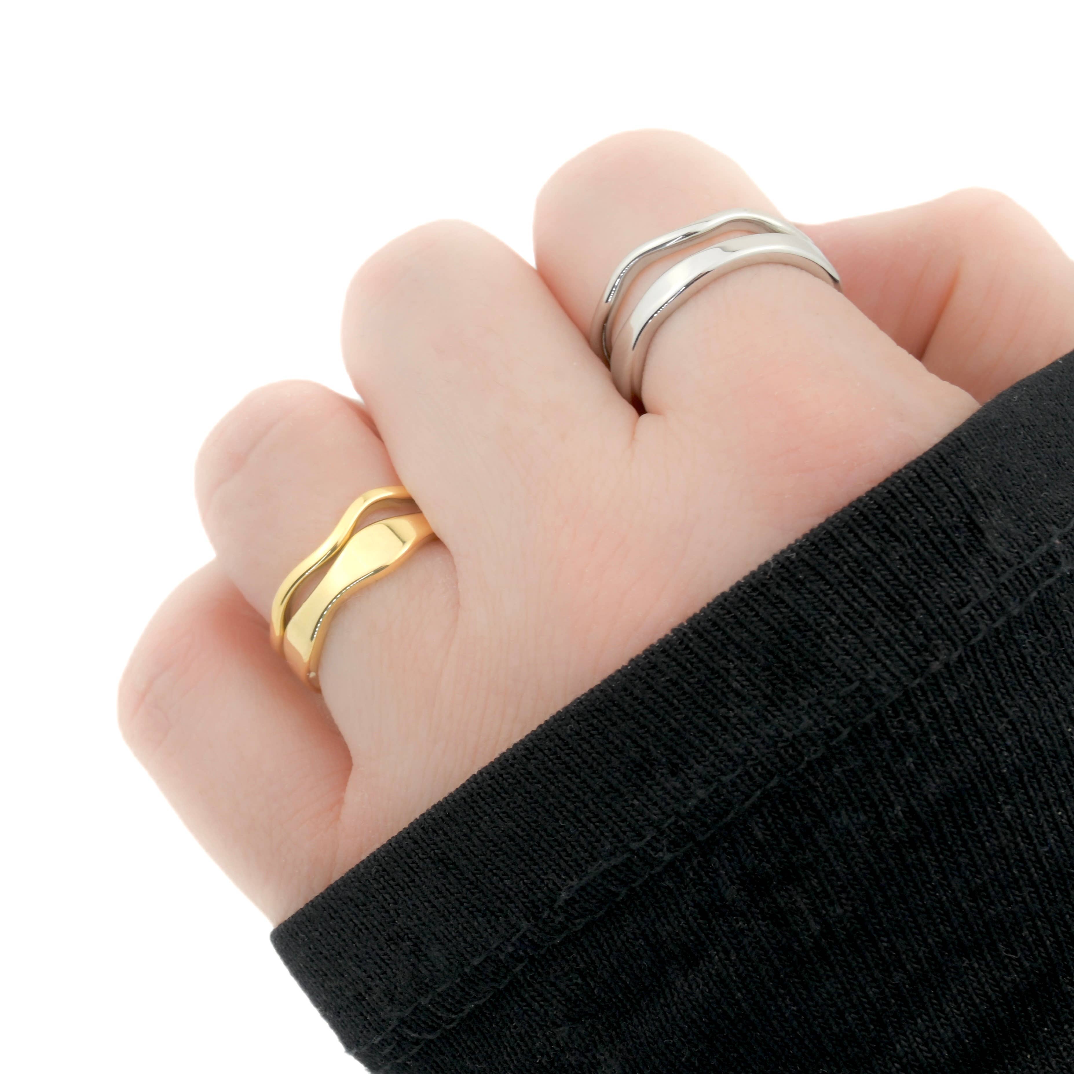 Tarnish-proof Gold Ring Set - 18k Gold Wave Rings