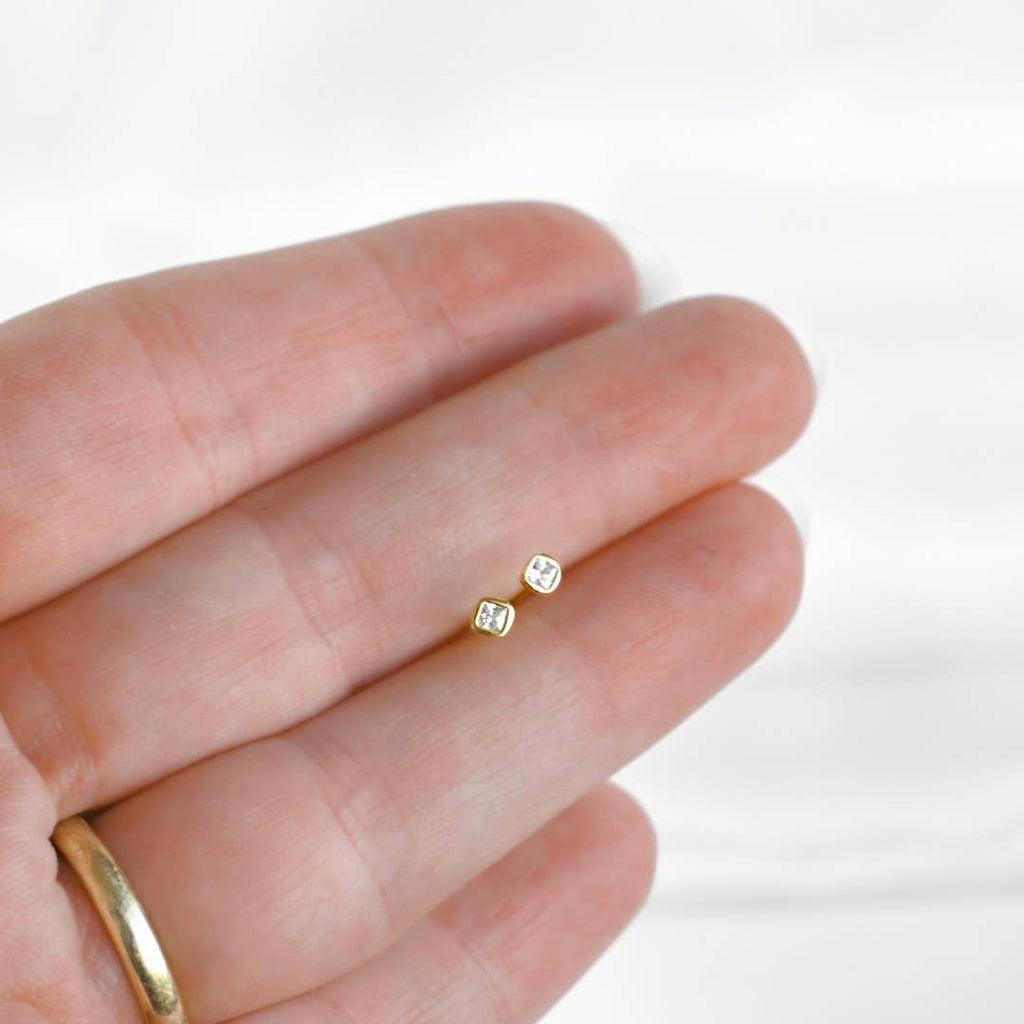 Silver Square Studs - 925 Silver Mini Square Bezel Earrings