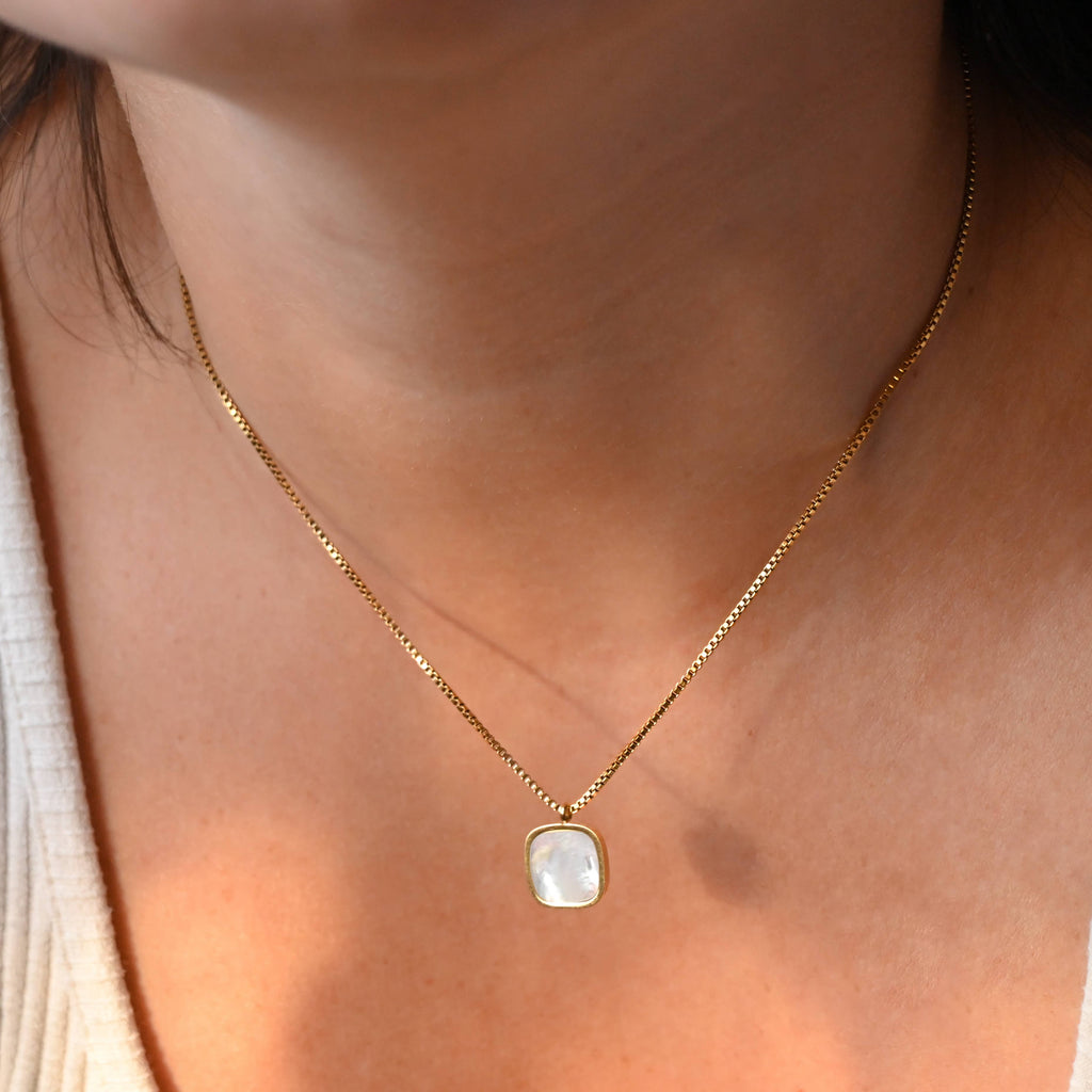 Square Mother of Pearl Necklace - Gold Square Shell Pendant