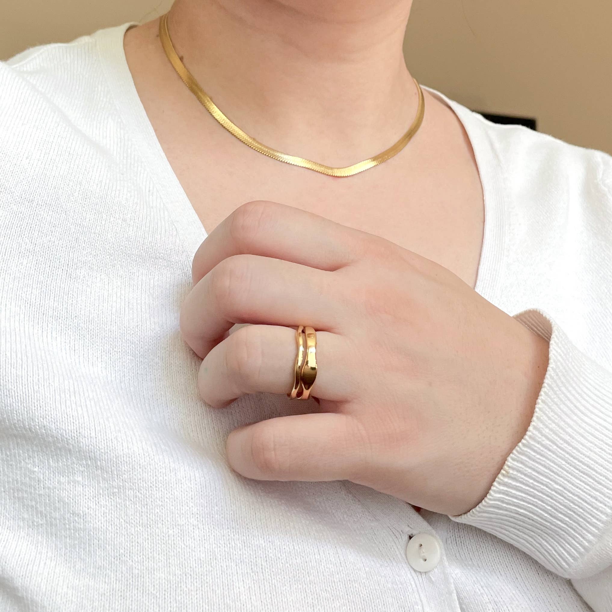 Tarnish-proof Gold Ring Set - 18k Gold Wave Rings
