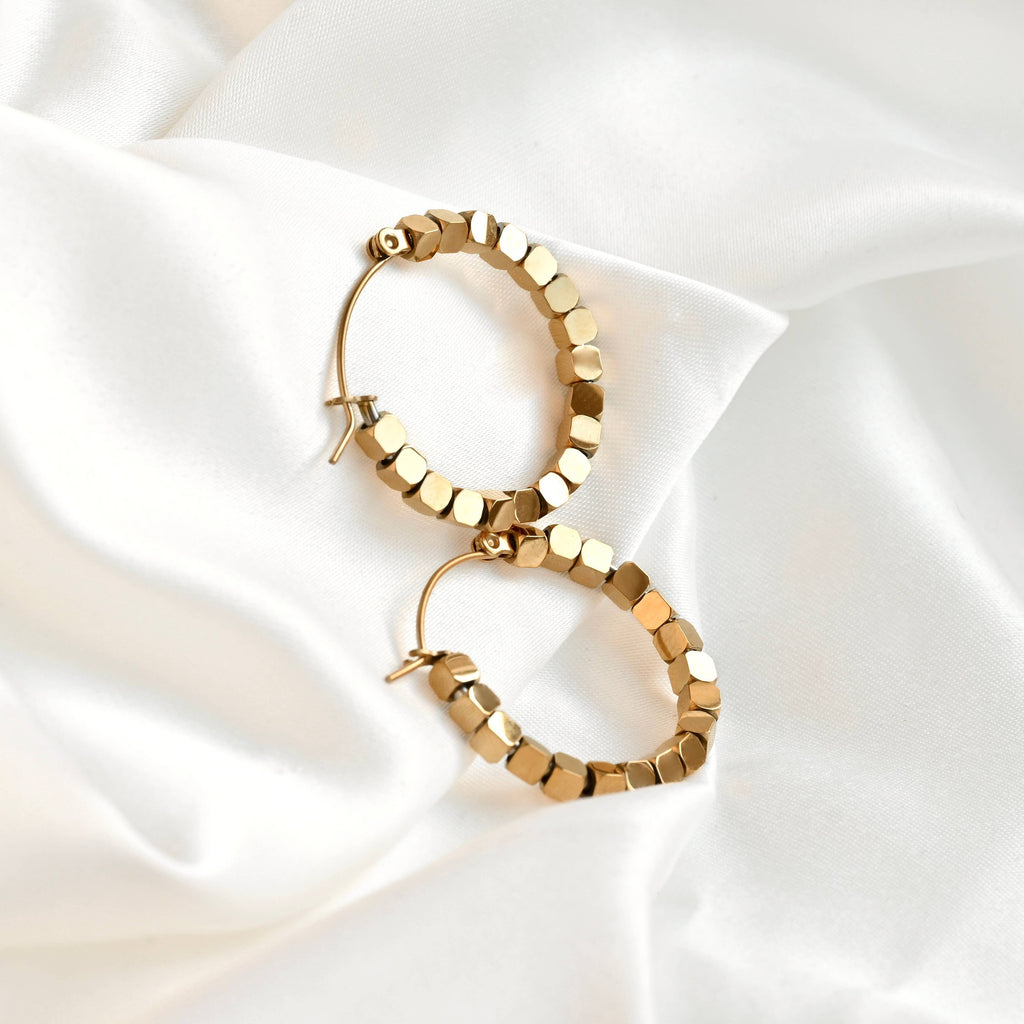 Blueyejewelry - Medium Gold Cube Bead Hoop Earrings- Stainless Steel