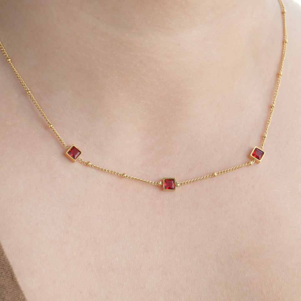 Blueyejewelry - Square Garnet Diamond Necklace - 18k Gold Stainless Steel