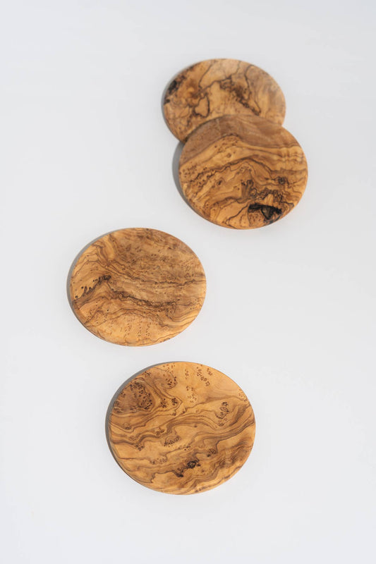Natural Olive Wood Round Coasters - Set of 4