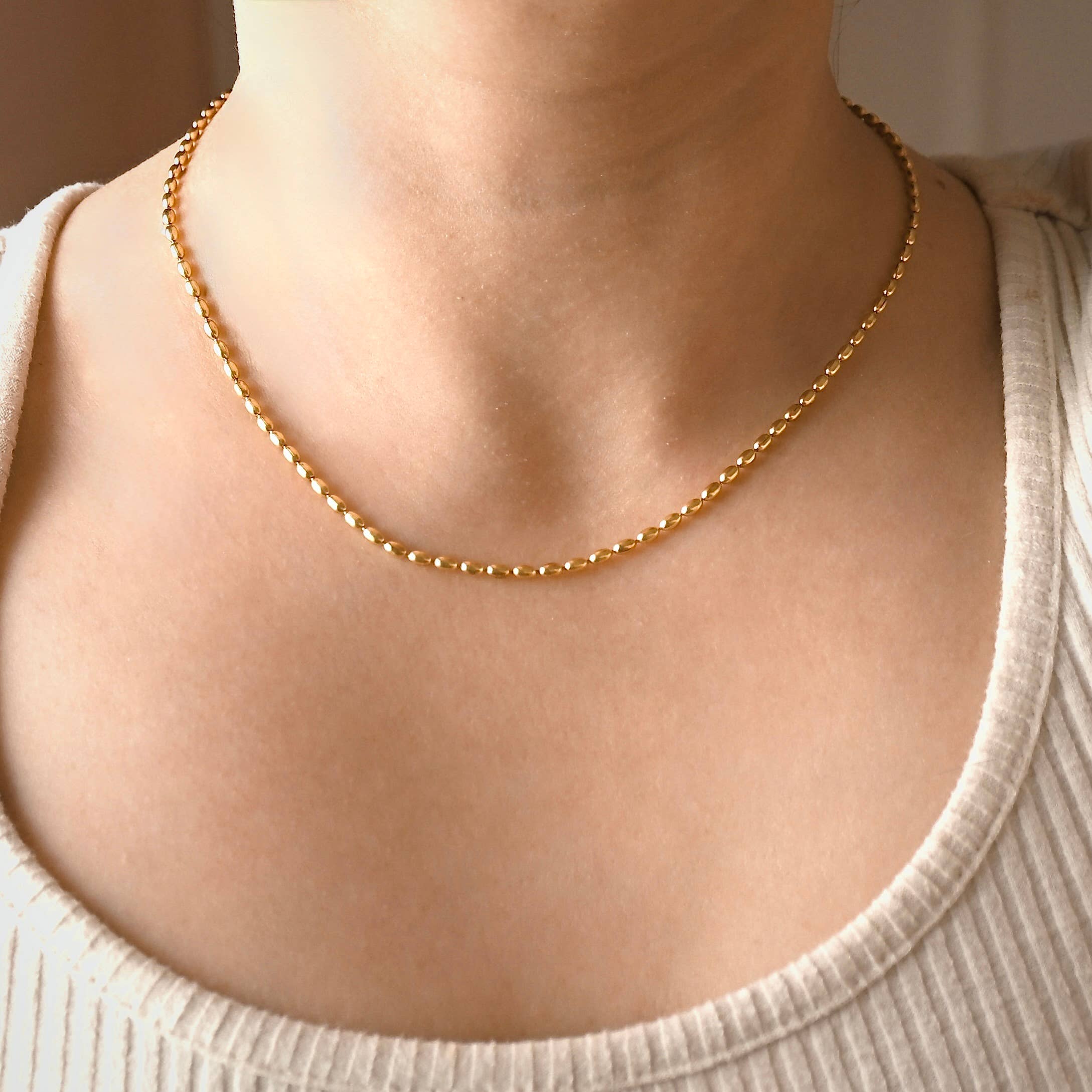 Blueyejewelry - Oval Beaded Chain Necklace - Dainty Gold Layering Necklace