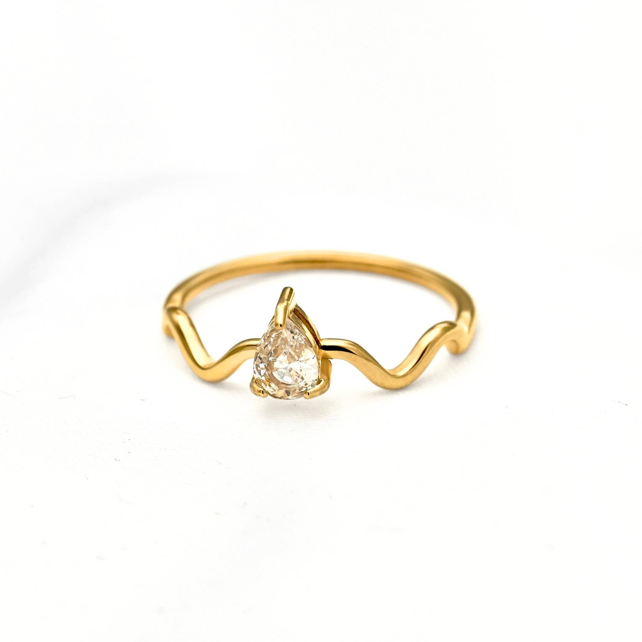 Blueyejewelry - Slim Wave CZ Rings - Wavy Diamond Gold Ring - Pear Wave Ring