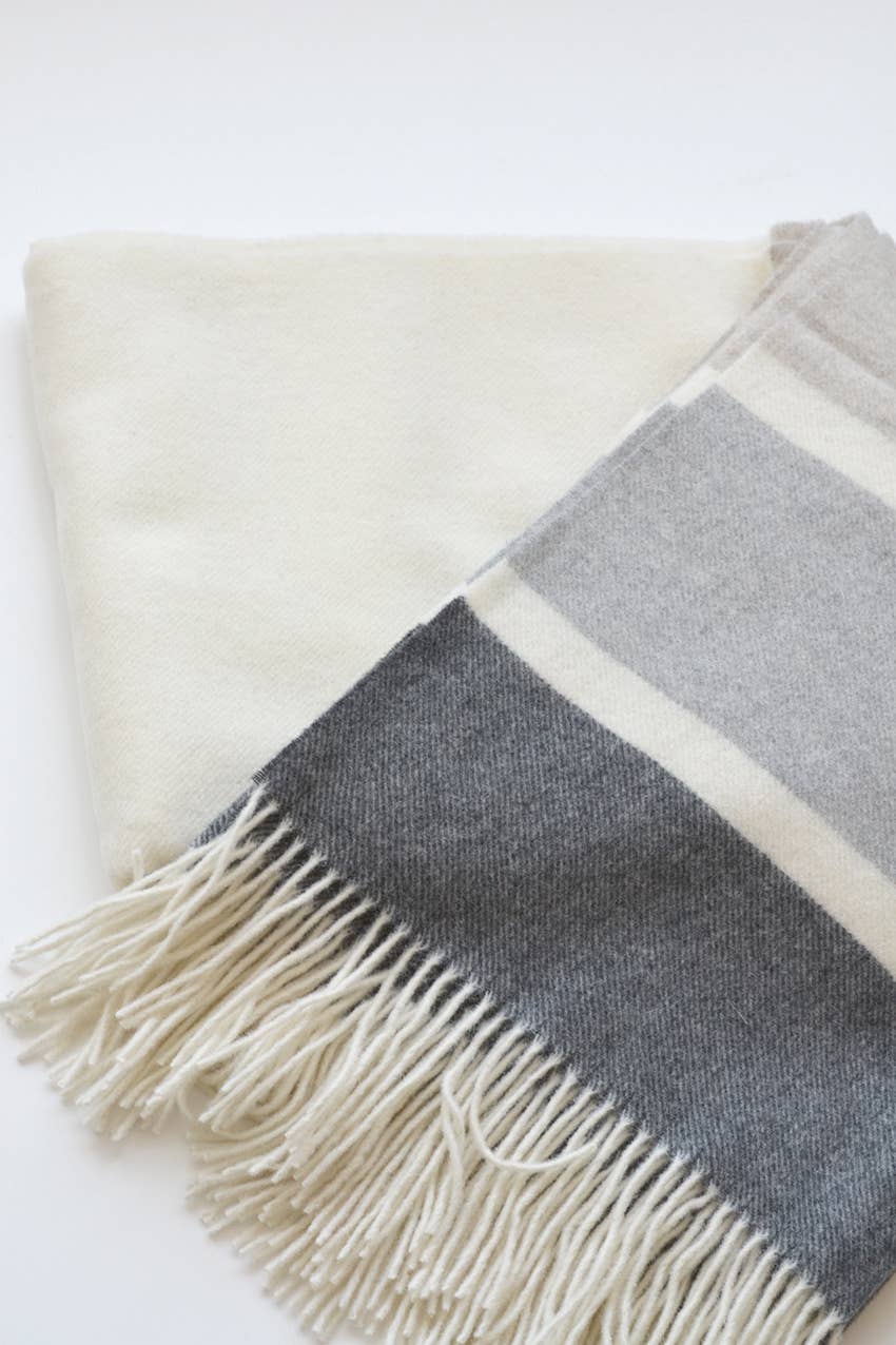 Manhattan Wool Throw - White, Otter Beige with Grey Stripes