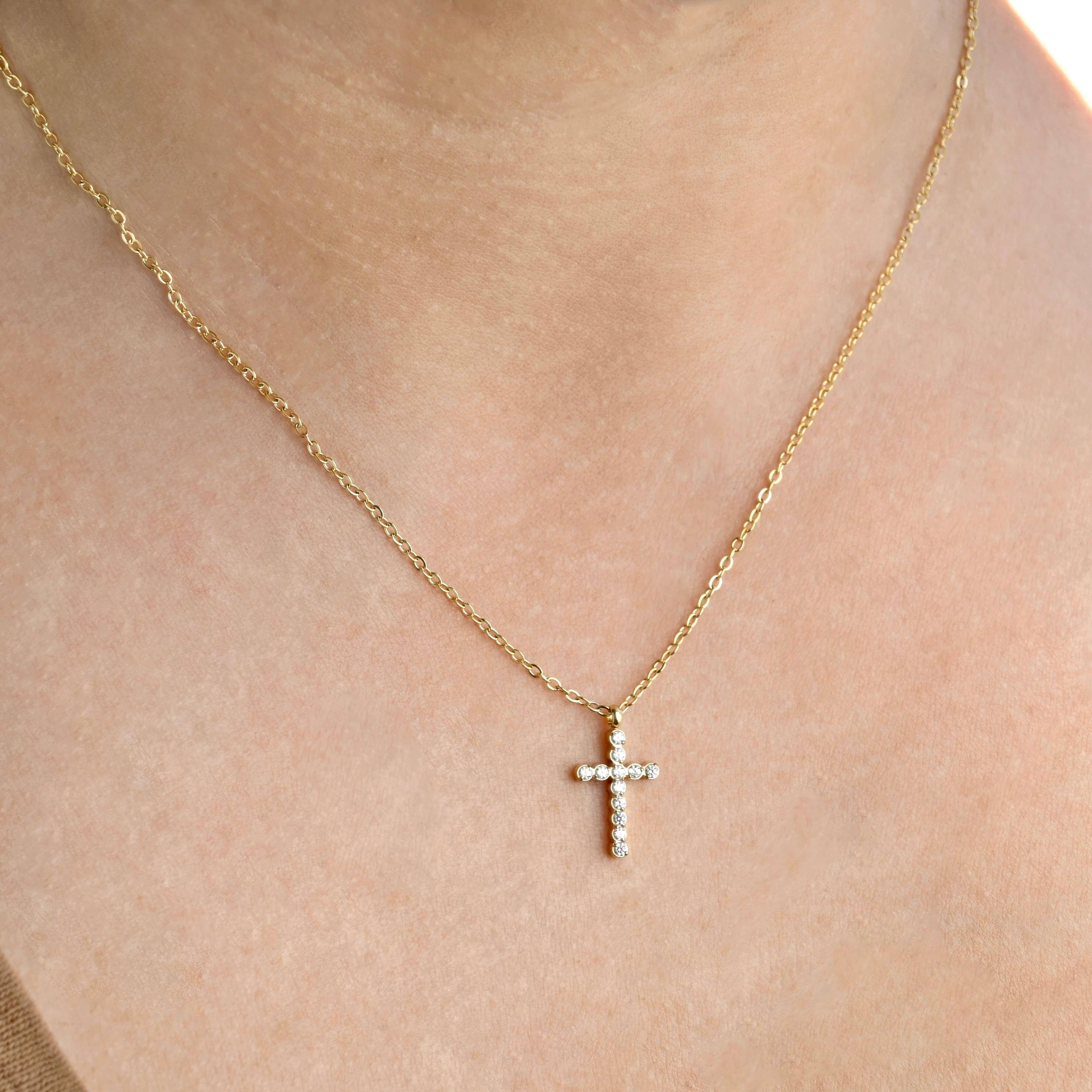 Blueyejewelry - Dainty CZ Cross Necklace - Stainless Steel