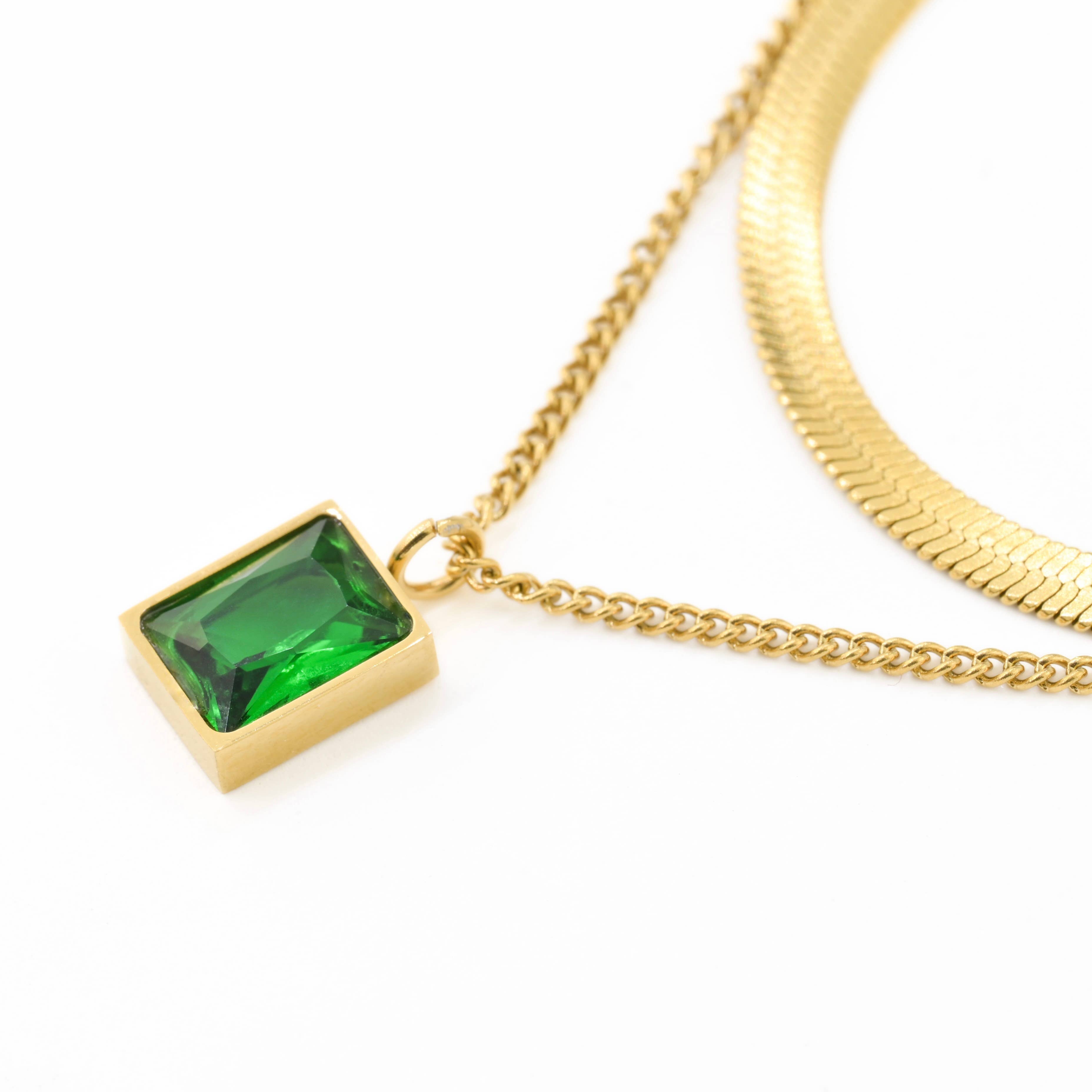 Layered Herringbone Necklace - Cushion Cut Emerald Necklace