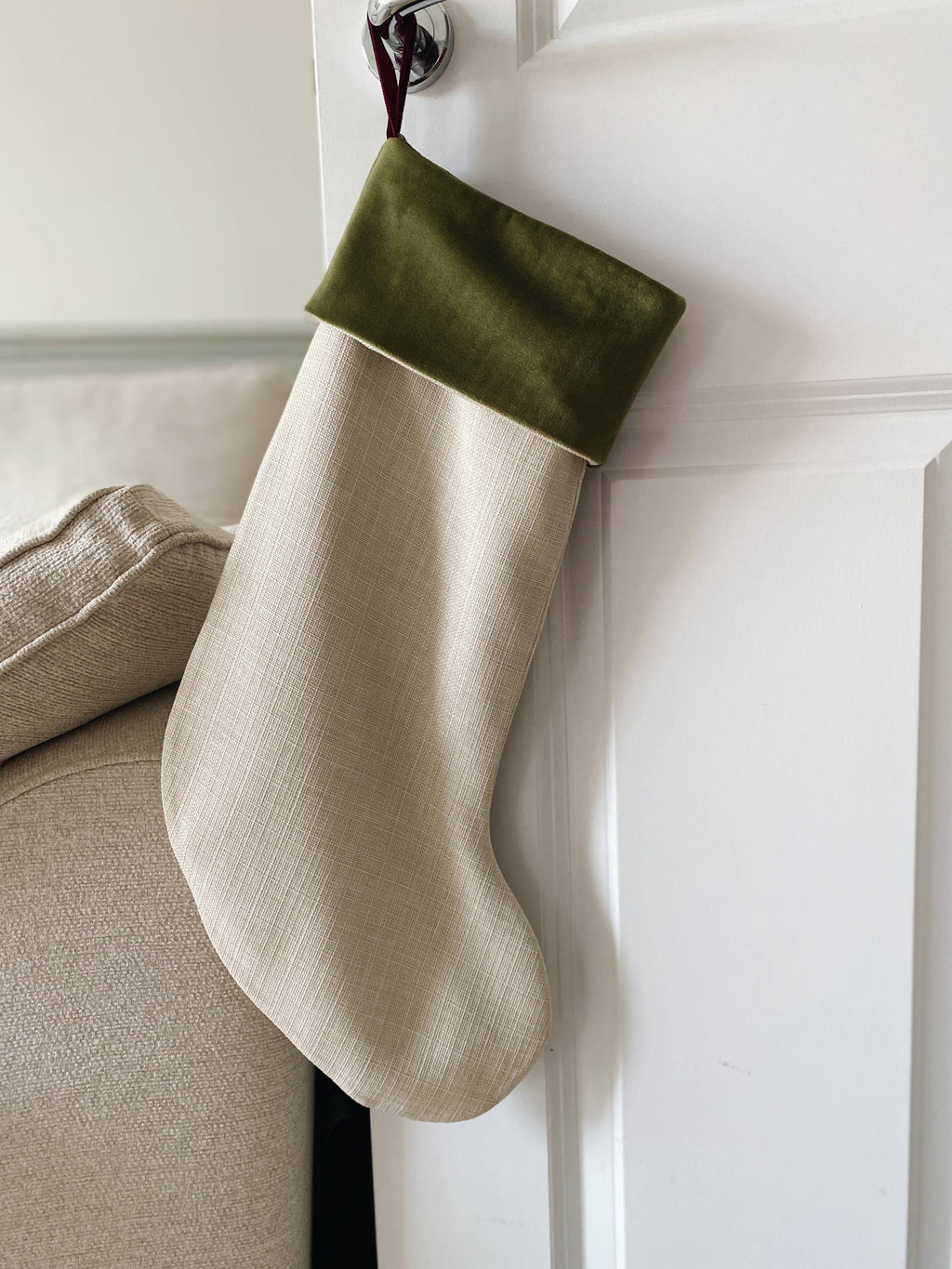 Cream Linen Textured Luxury Velvet-Lined Christmas Stocking