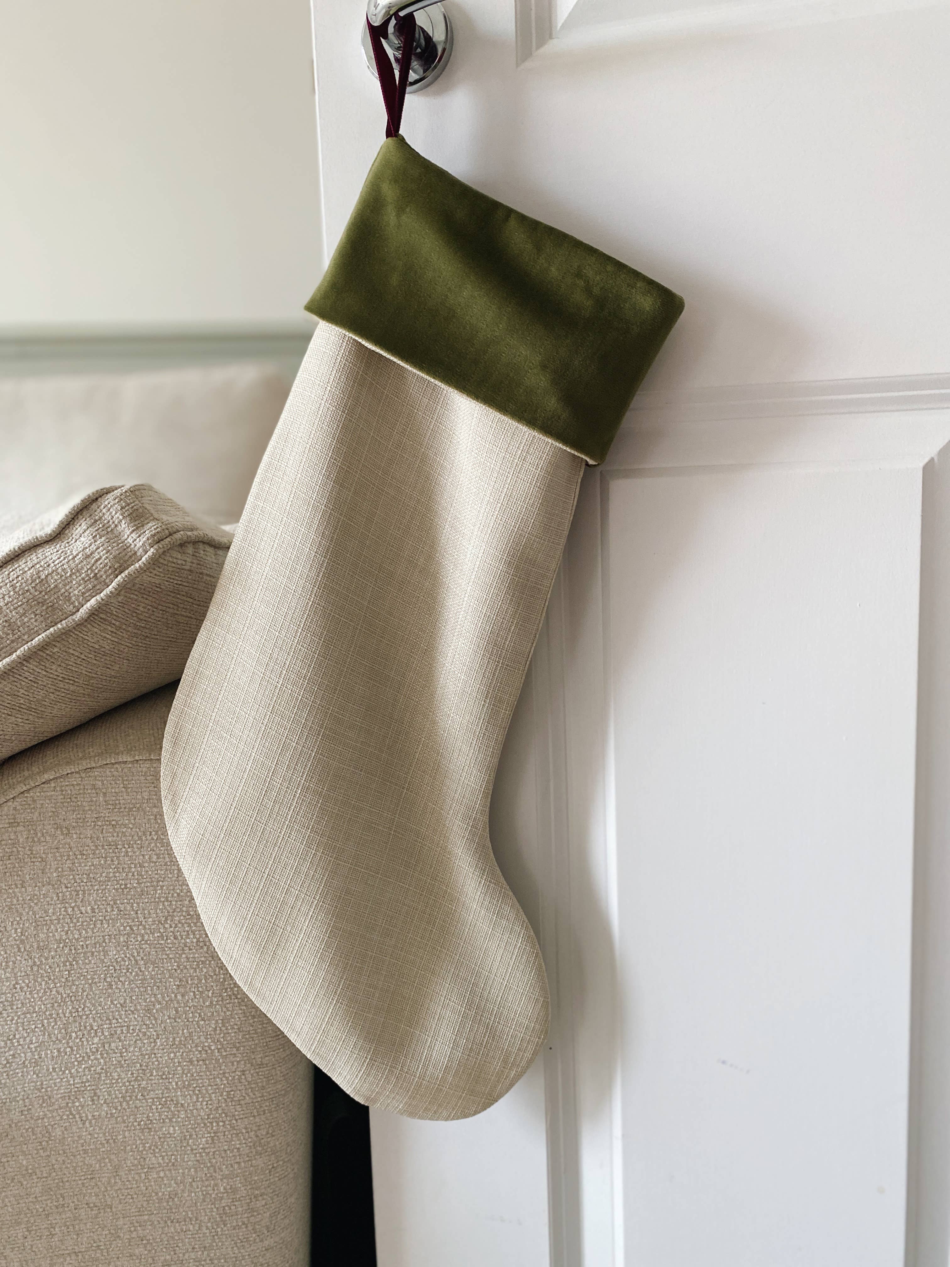 Cream Linen Textured Luxury Velvet-Lined Christmas Stocking