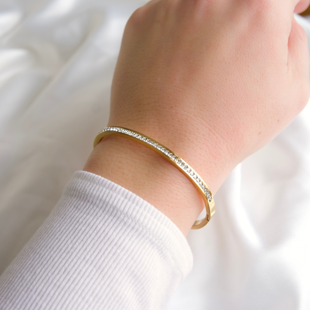 Blueyejewelry - Channel Set Hinged Bangle - Gold CZ Bangle - Cuff Bracelet