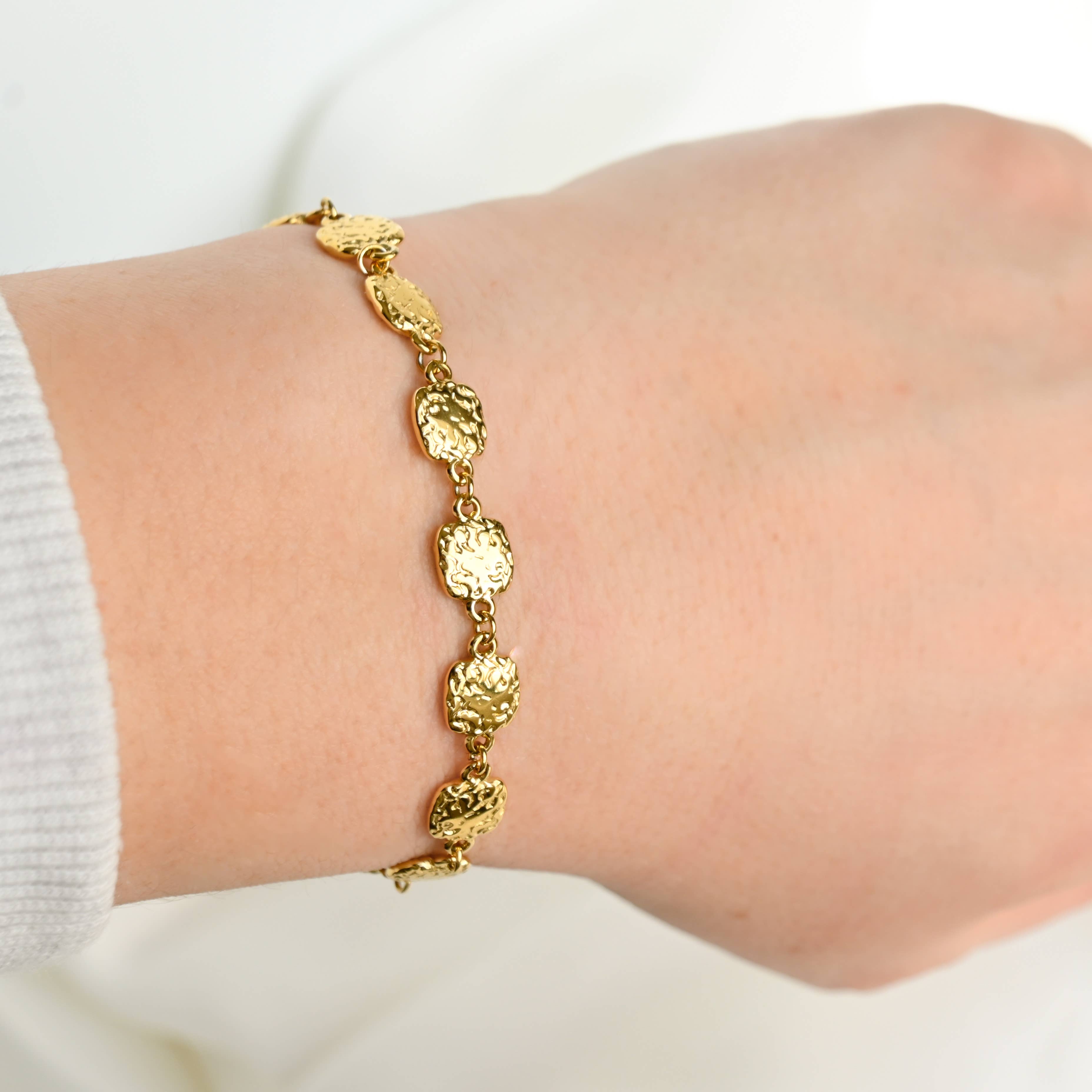Hammered Square Bead Bracelet - 18k Gold Boho Gold Bracelet