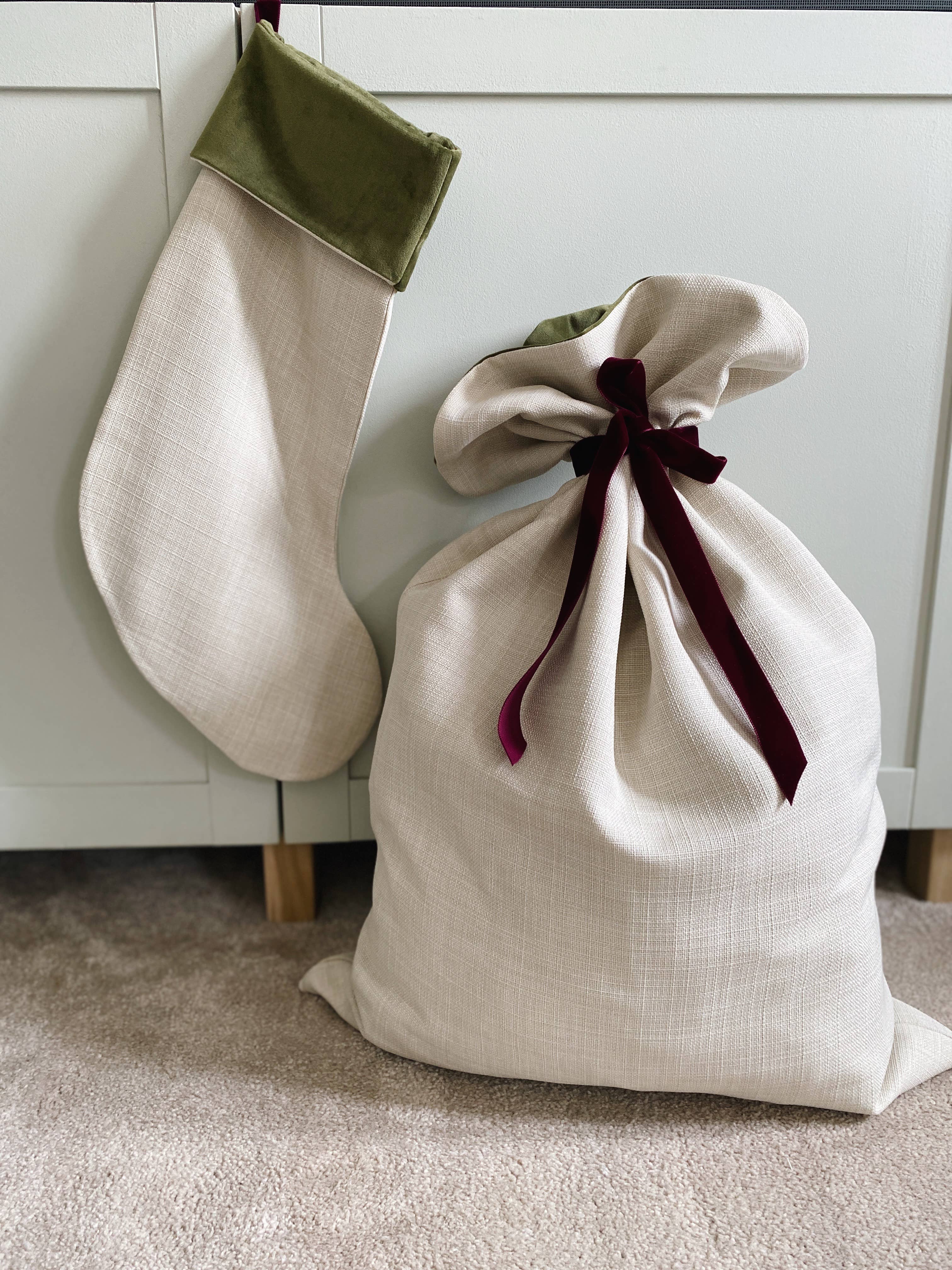 Cream Linen Textured Luxury Velvet-Lined Christmas Stocking