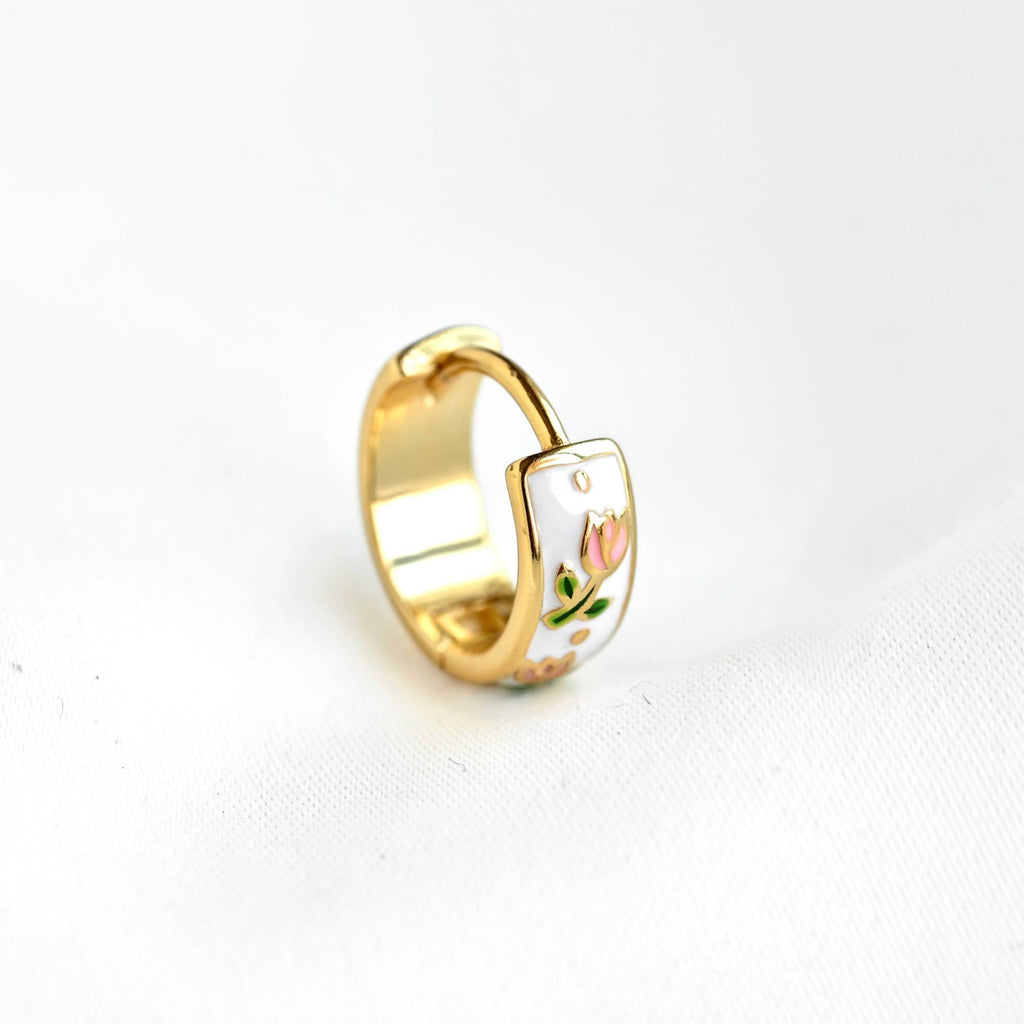 Blueyejewelry - Gold Enamel Tulip Flower Hoop Earrings - 925 Sterling Silver